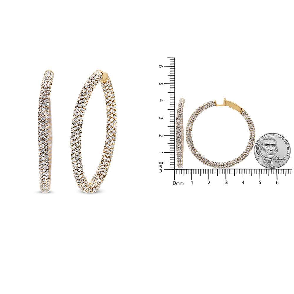 Pair of rose metal hoop earrings with round white gemstones in pave setting, shown from front and side angles; the earrings are also displayed on a ruler and next to a coin for size reference.