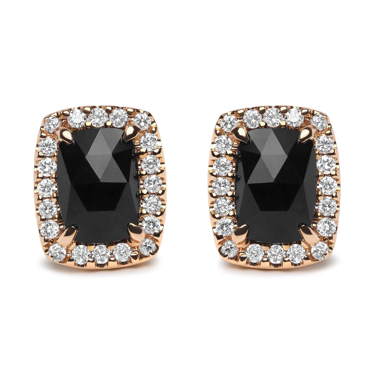 Front view of a pair of earrings with large cushion-shaped black gemstones surrounded by a halo of round white gemstones set in white and rose colored metal.