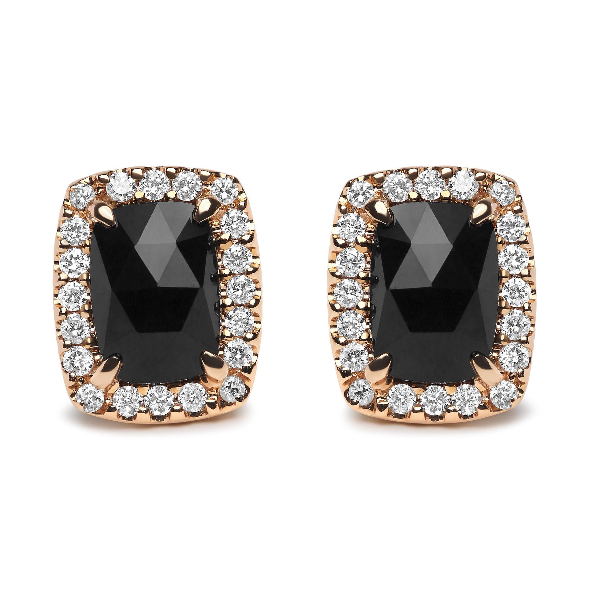 Front view of a pair of earrings with large cushion-shaped black gemstones surrounded by a halo of round white gemstones set in white and rose colored metal.