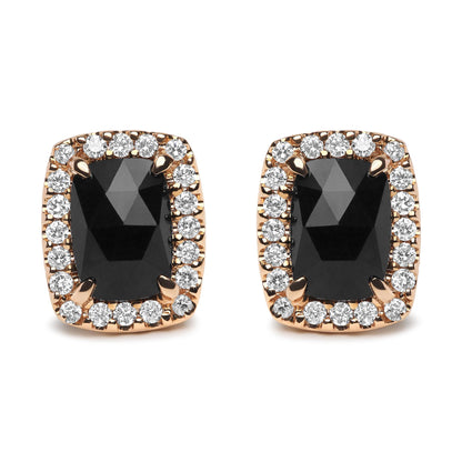 Front view of a pair of earrings with large cushion-shaped black gemstones surrounded by a halo of round white gemstones set in white and rose colored metal.