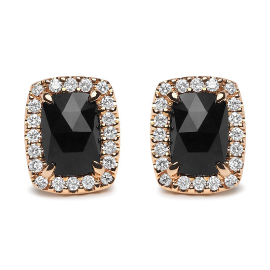 Front view of a pair of earrings with large cushion-shaped black gemstones surrounded by a halo of round white gemstones set in white and rose colored metal.