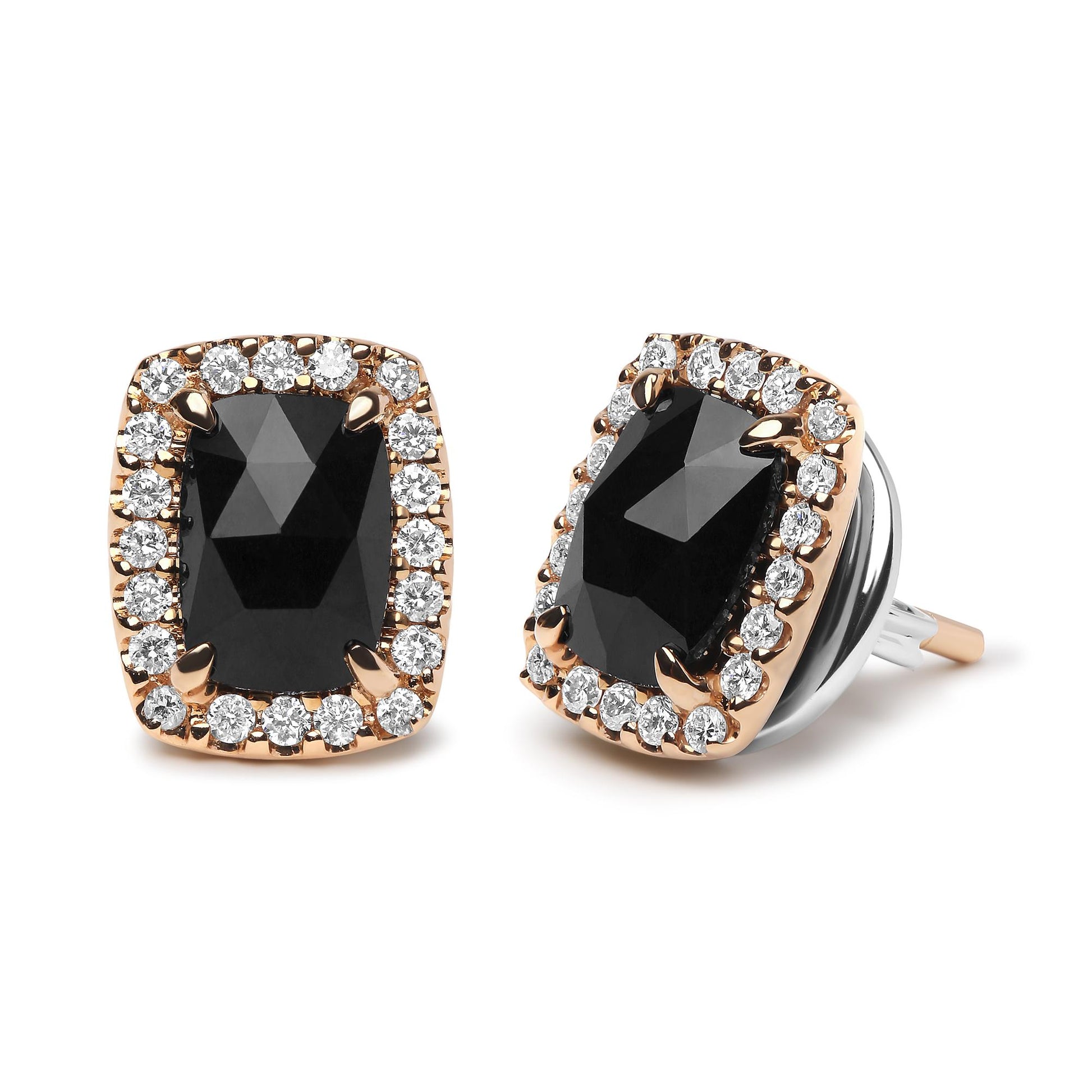 Pair of stud earrings with cushion-shaped black gemstones surrounded by round white gemstones in a prong setting, viewed from a slightly angled front perspective.