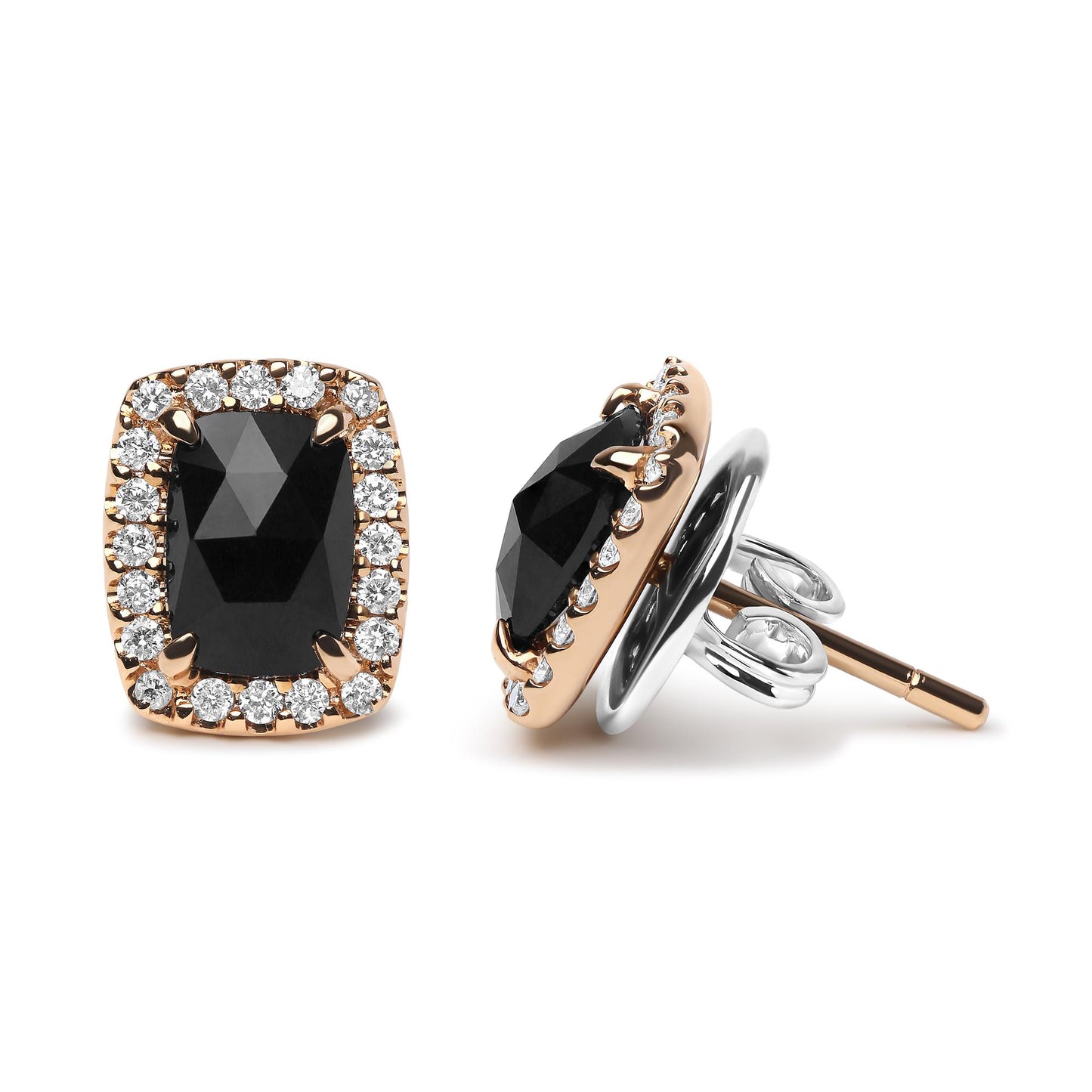 Pair of stud earrings with cushion-shaped black gemstones surrounded by round white gemstones, set in white and rose metal, shown from front and side angles.