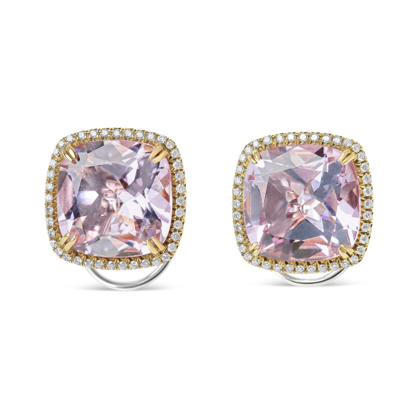 Front-facing view of a pair of earrings featuring cushion-shaped pink gemstones surrounded by a halo of small round white gemstones set in white and rose-colored metal.