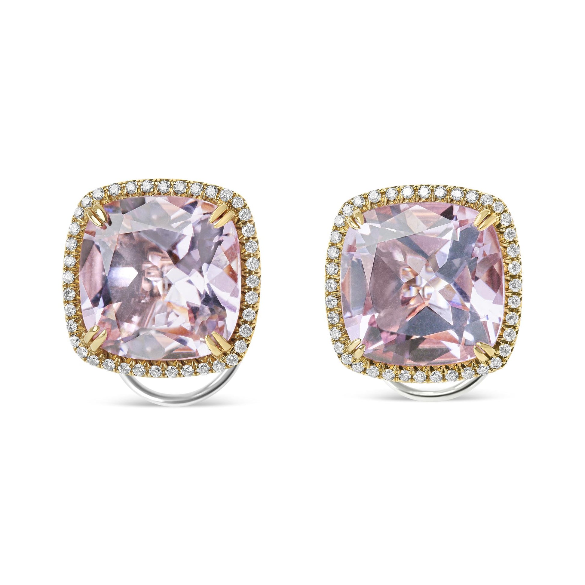 Front-facing view of a pair of earrings featuring cushion-shaped pink gemstones surrounded by a halo of small round white gemstones set in white and rose-colored metal.