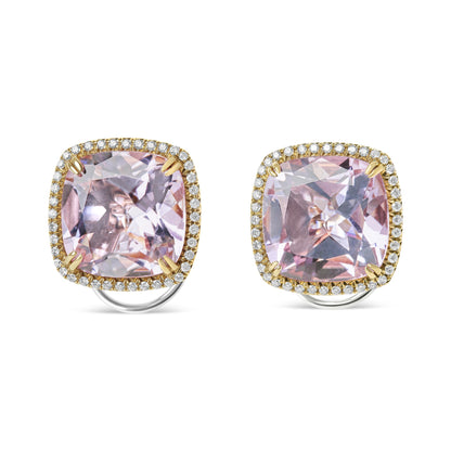 Front-facing view of a pair of earrings featuring cushion-shaped pink gemstones surrounded by a halo of small round white gemstones set in white and rose-colored metal.