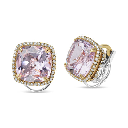 Pair of white and rose metal earrings shown from the front and side angles featuring cushion-shaped pink gemstones surrounded by a border of round white gemstones in prong settings.
