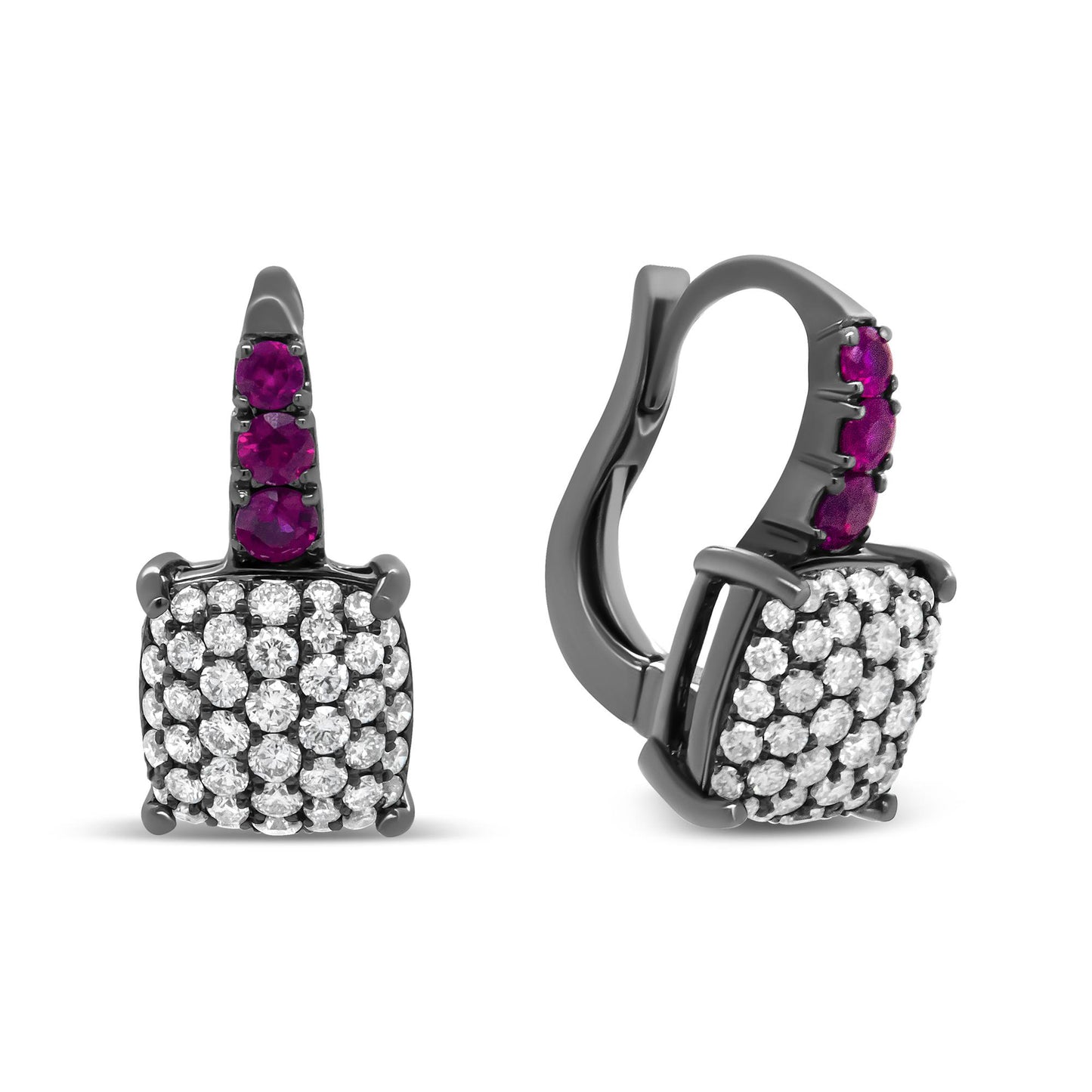 Front and side view of white metal earrings with square clusters of white gemstones and vertical rows of red gemstones above the clusters.