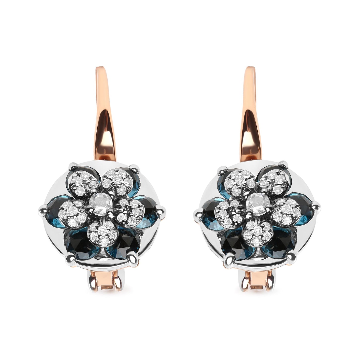 Front view of white and rose metal earrings with floral design featuring round blue gemstones and multiple small white gemstones in prong settings.