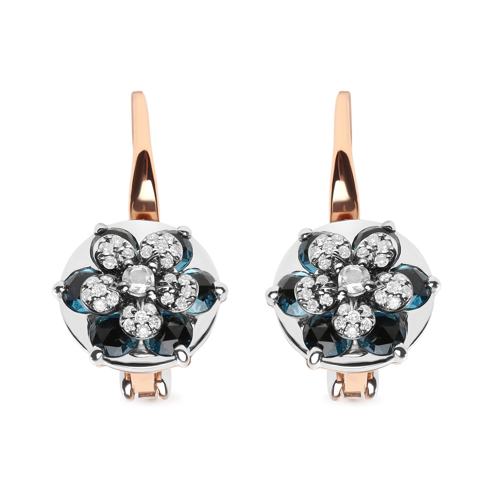 Front view of white and rose metal earrings with floral design featuring round blue gemstones and multiple small white gemstones in prong settings.