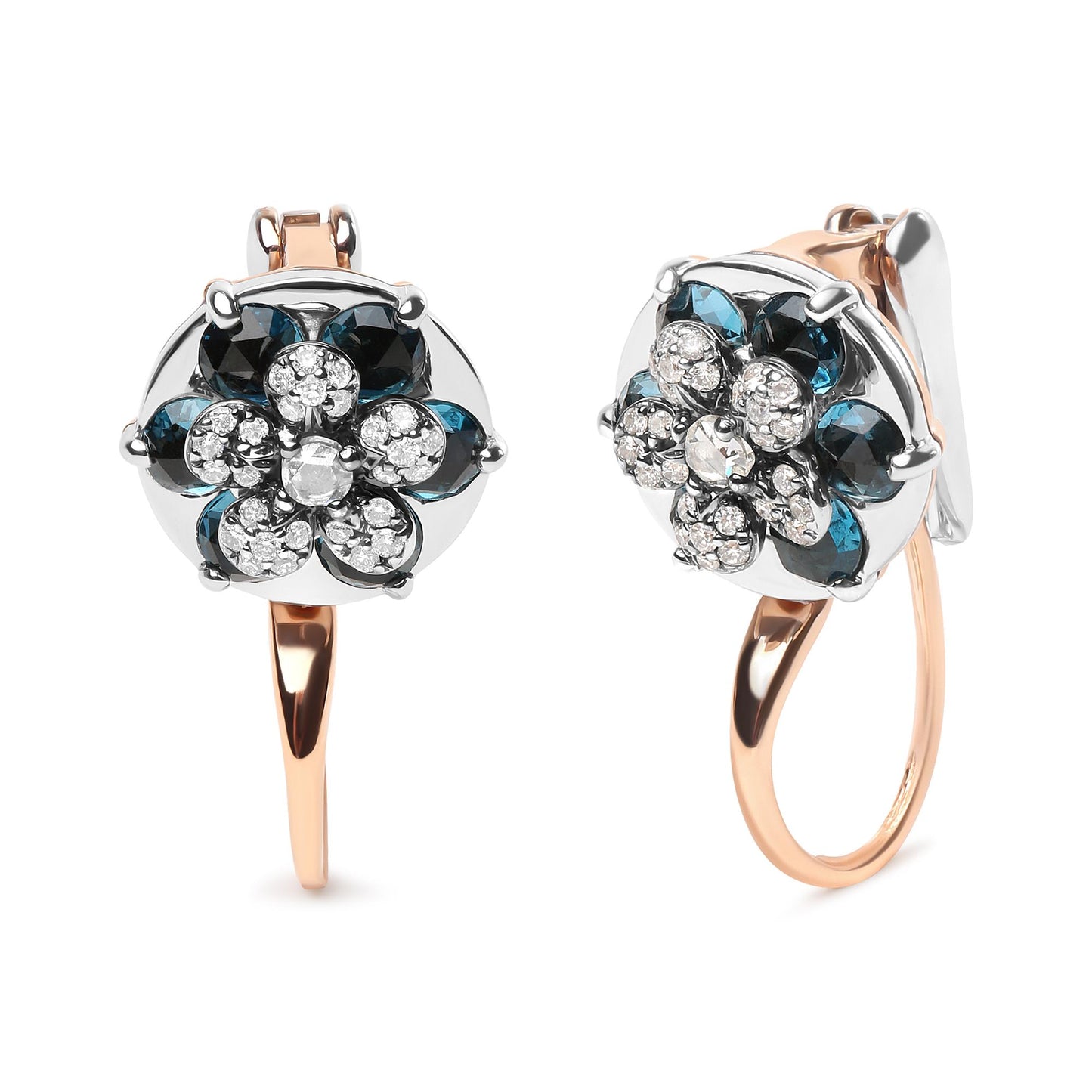 Close-up front and side view of a pair of earrings featuring a floral design with white and blue round gemstones set in white and rose metal.