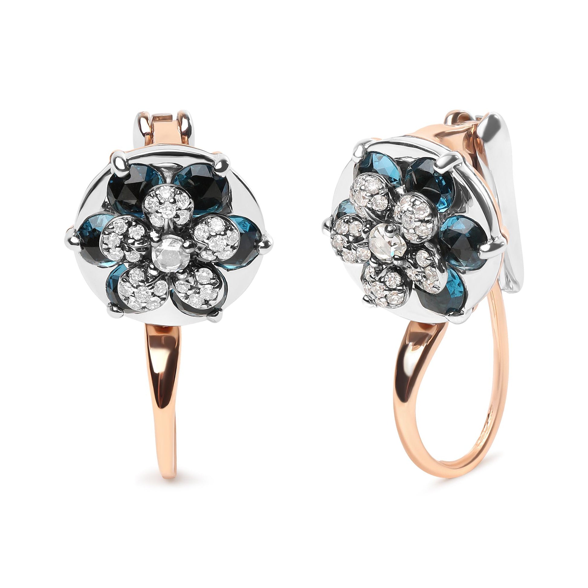 Close-up front and side view of a pair of earrings featuring a floral design with white and blue round gemstones set in white and rose metal.