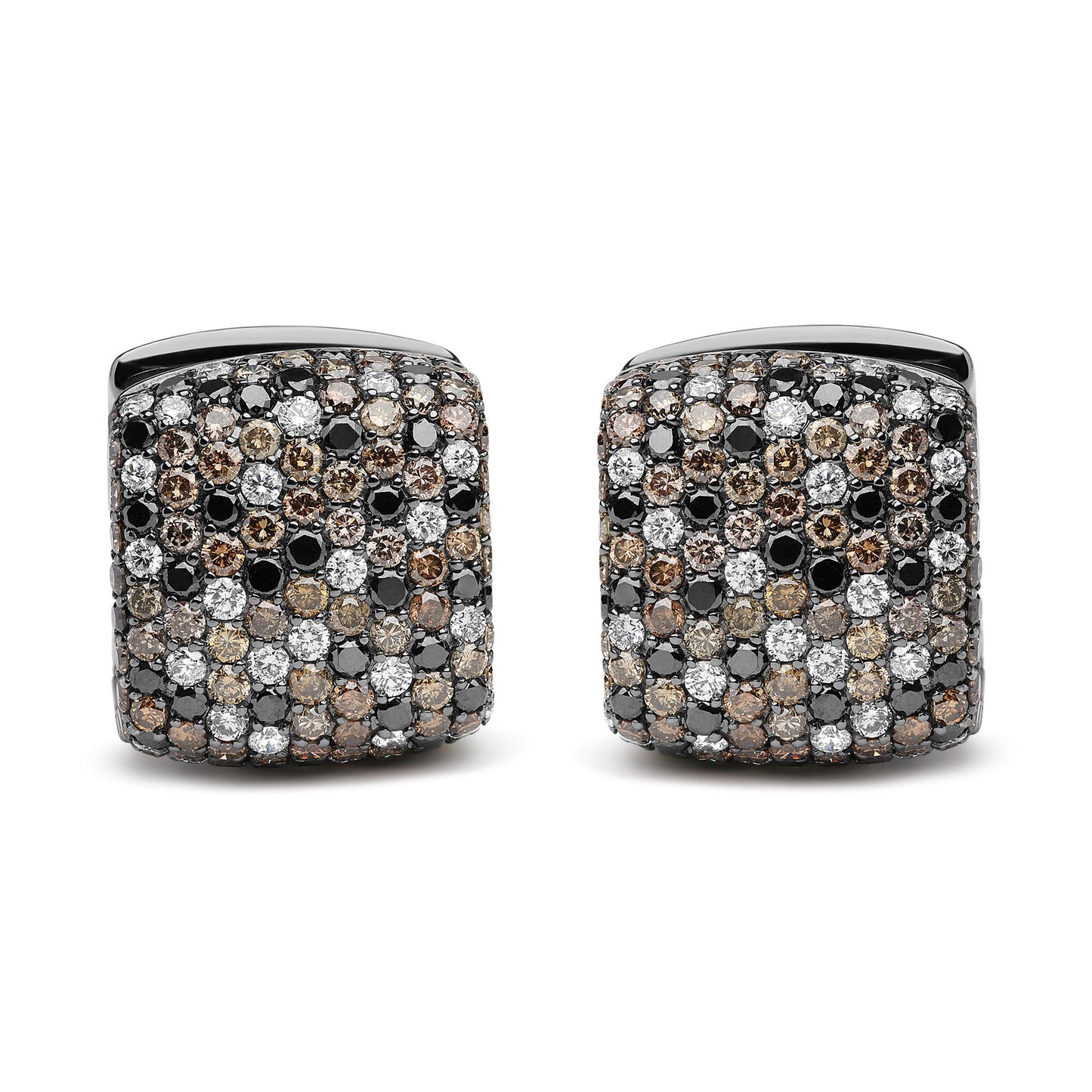 Front angle view of square-shaped earrings in white and black metal featuring pave-set round black, brown, and white gemstones covering the surface.