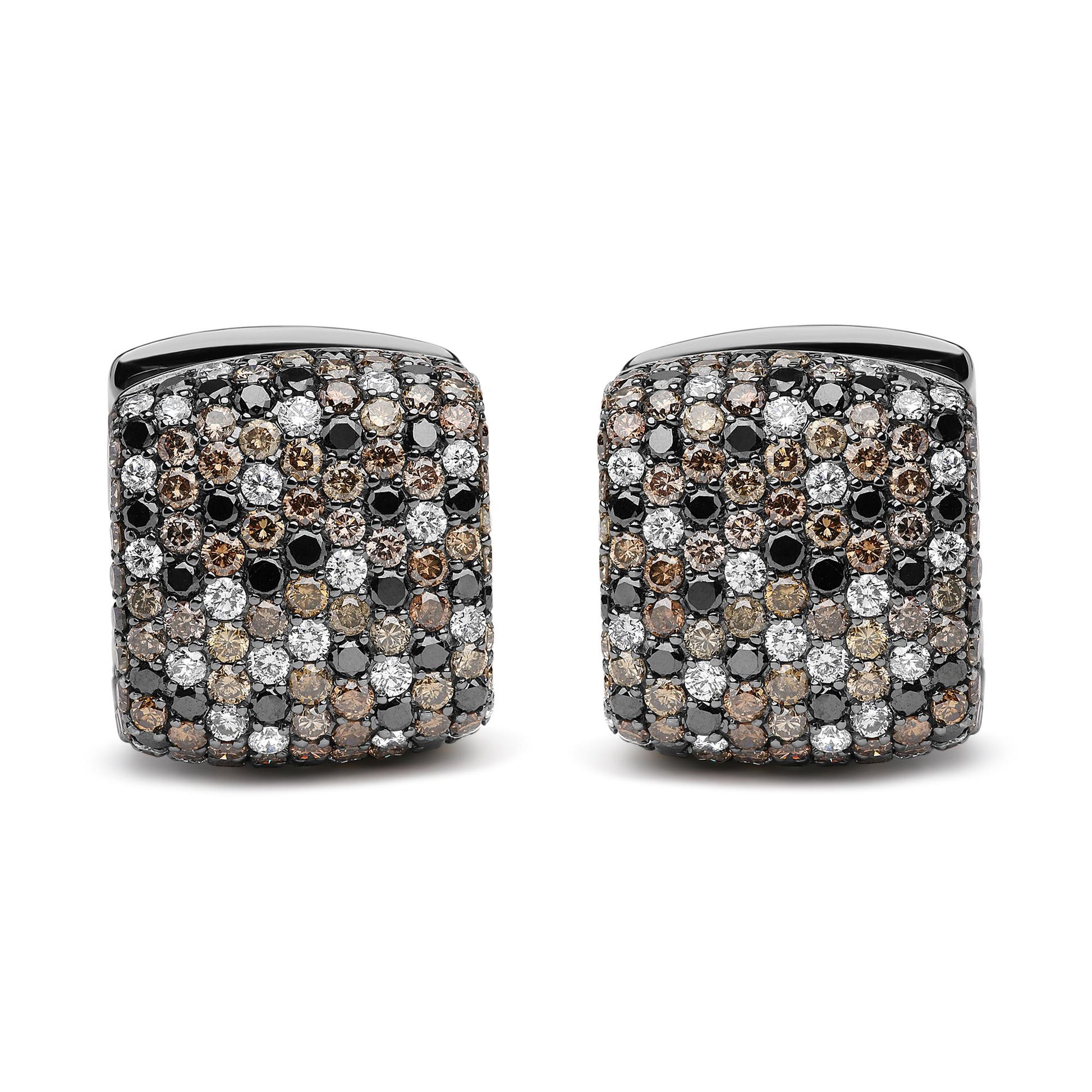 Front angle view of square-shaped earrings in white and black metal featuring pave-set round black, brown, and white gemstones covering the surface.