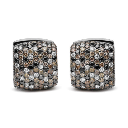Front angle view of square-shaped earrings in white and black metal featuring pave-set round black, brown, and white gemstones covering the surface.