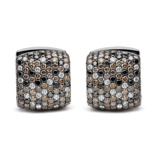 Front angle view of square-shaped earrings in white and black metal featuring pave-set round black, brown, and white gemstones covering the surface.