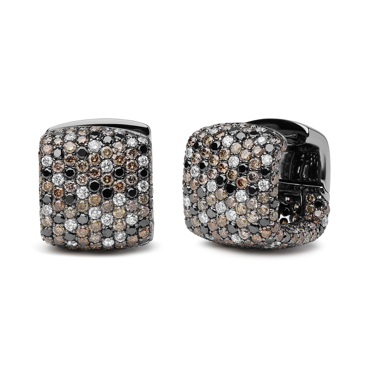 Pair of square-shaped earrings with white and black metal, paved with round white, black, and brown gemstones, shown from front and side angles on a white background.