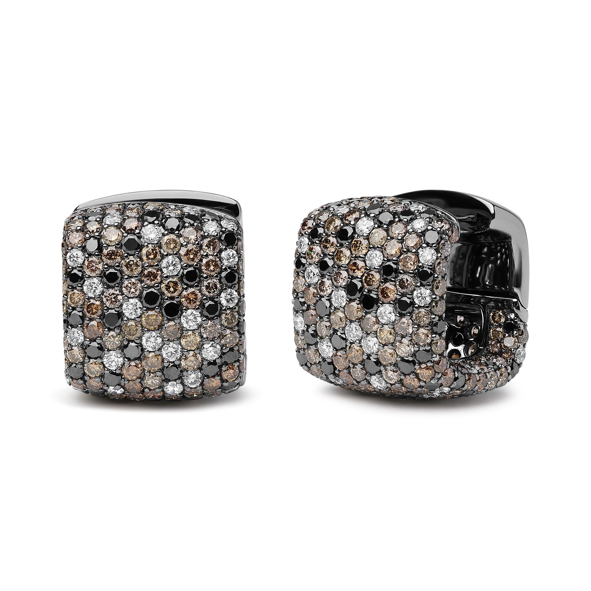 Pair of square-shaped earrings with white and black metal, paved with round white, black, and brown gemstones, shown from front and side angles on a white background.