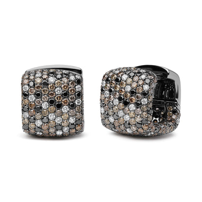 Pair of square-shaped earrings with white and black metal, paved with round white, black, and brown gemstones, shown from front and side angles on a white background.
