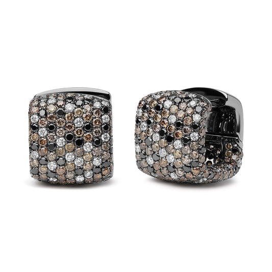 Pair of square-shaped earrings with white and black metal, paved with round white, black, and brown gemstones, shown from front and side angles on a white background.