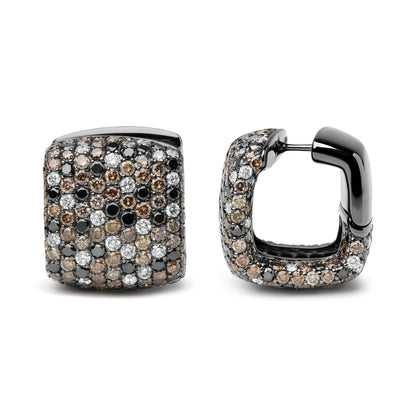 Close-up front and side view of square-shaped earrings with white and black metal, featuring round pave-set brown, black, and white gemstones.
