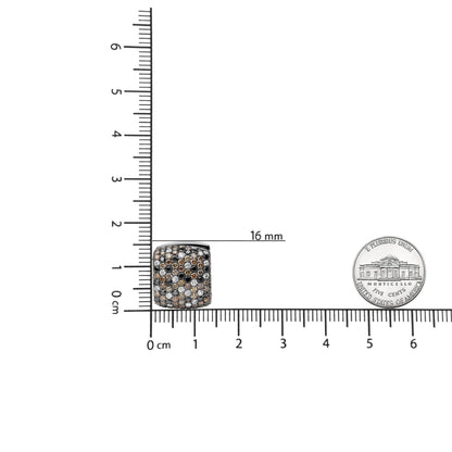 Square-shaped earrings with pave-set round brown, black, and white gemstones on white and black metal, shown from the front on a ruler and beside a coin for size reference.