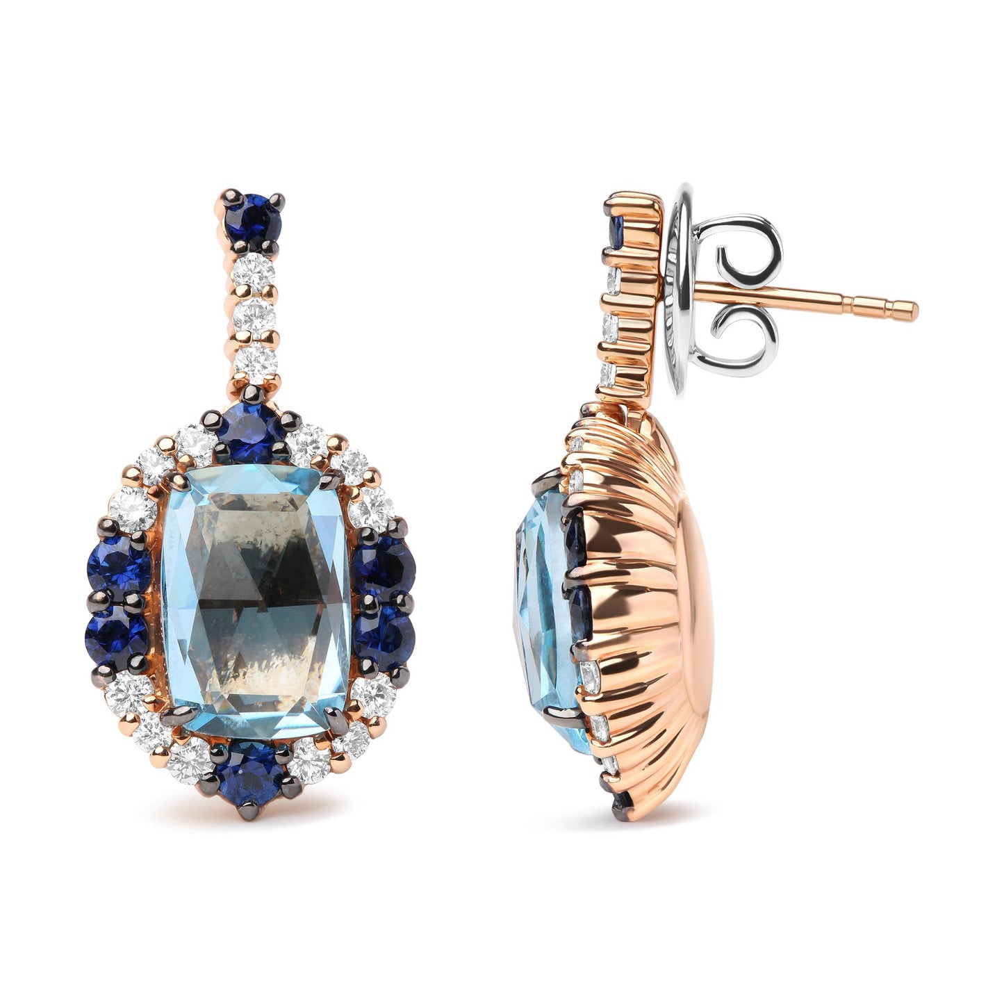 Pair of white and rose metal earrings with central cushion-shaped blue gemstones surrounded by round blue and white gemstones, shown from front and side angles.