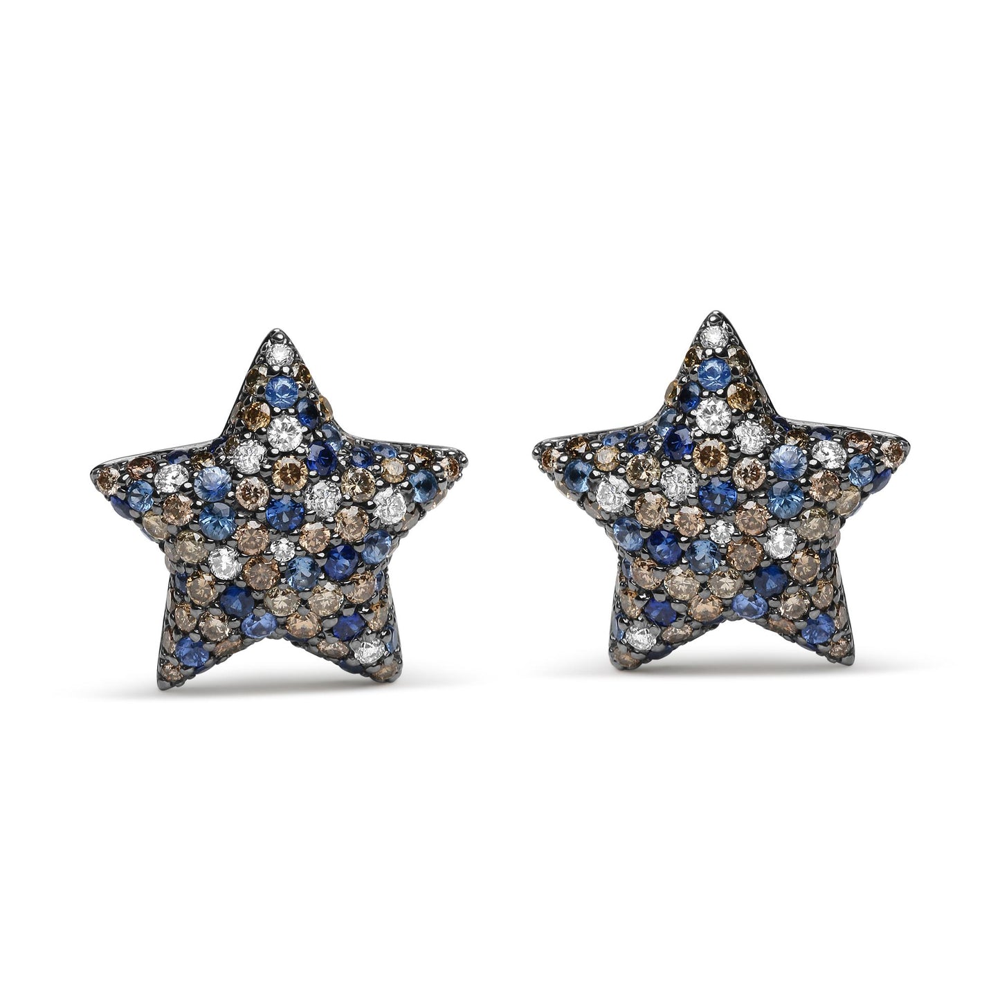 Front-facing shot of star-shaped white metal earrings with pave setting of round red, white, and blue gemstones.