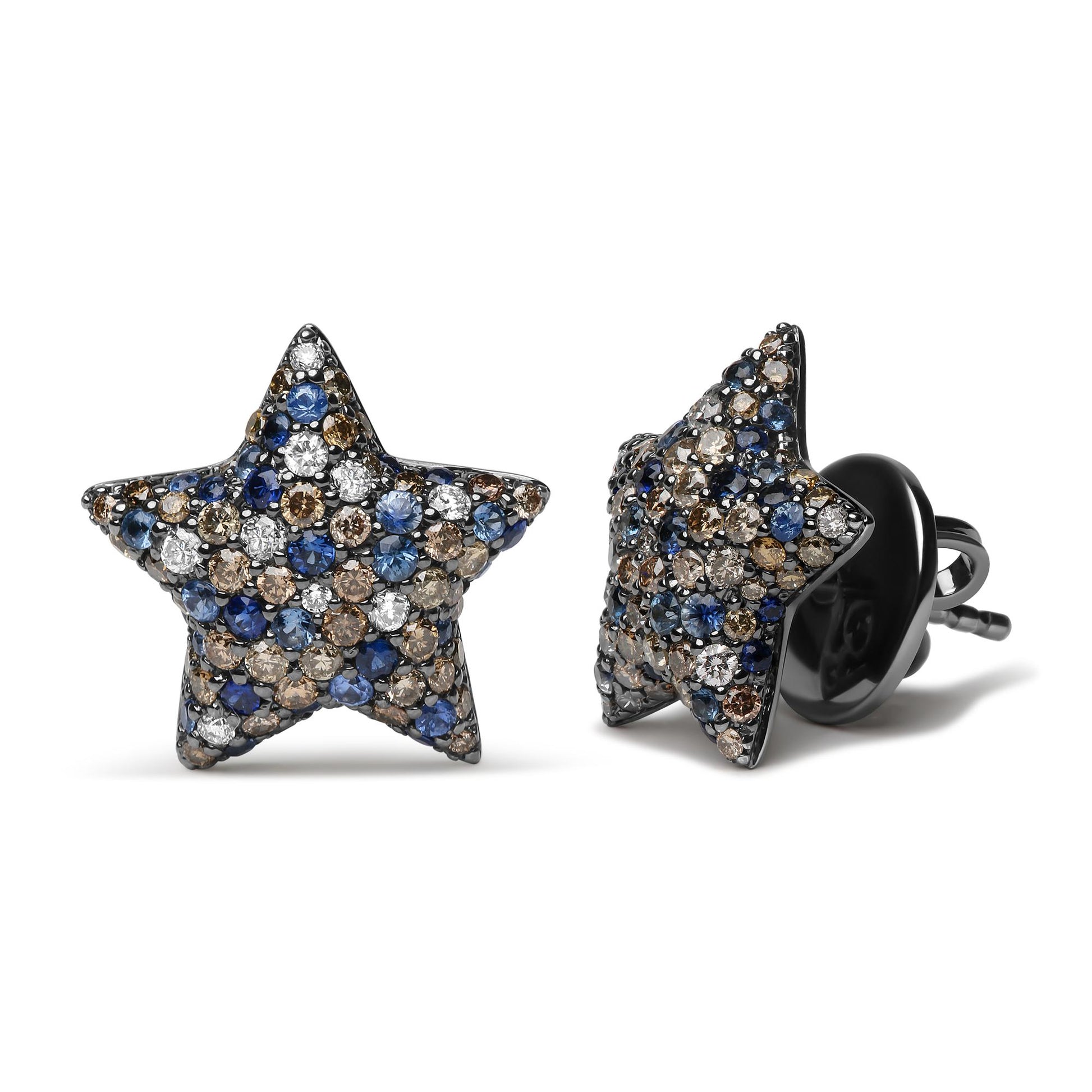 Pair of white metal star-shaped earrings set with round brown, white, and blue gemstones, shown from front and angled side on a white background.
