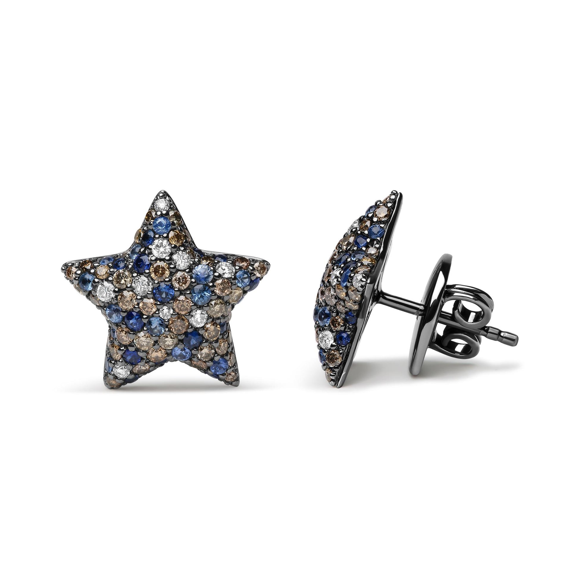 Front and side view of white metal star-shaped earrings paved with round blue, brown, and white gemstones, shown on a white background.