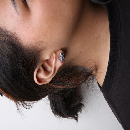 Close-up side view of a model wearing white metal star-shaped earrings adorned with small brown and white round pave-set gemstones and blue round pave-set gemstones.