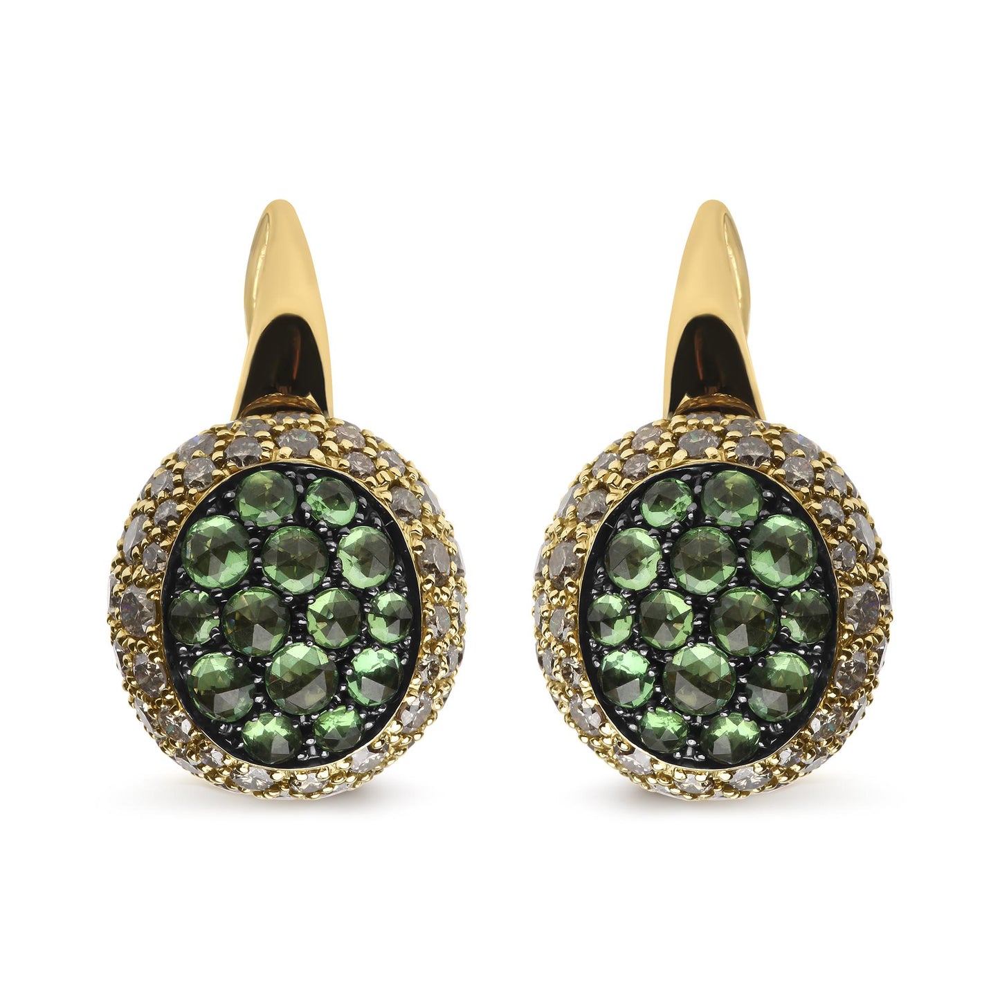 Front-facing close-up of yellow and black metal earrings with round green gemstones in the center and round brown gemstones surrounding them in a pave setting.