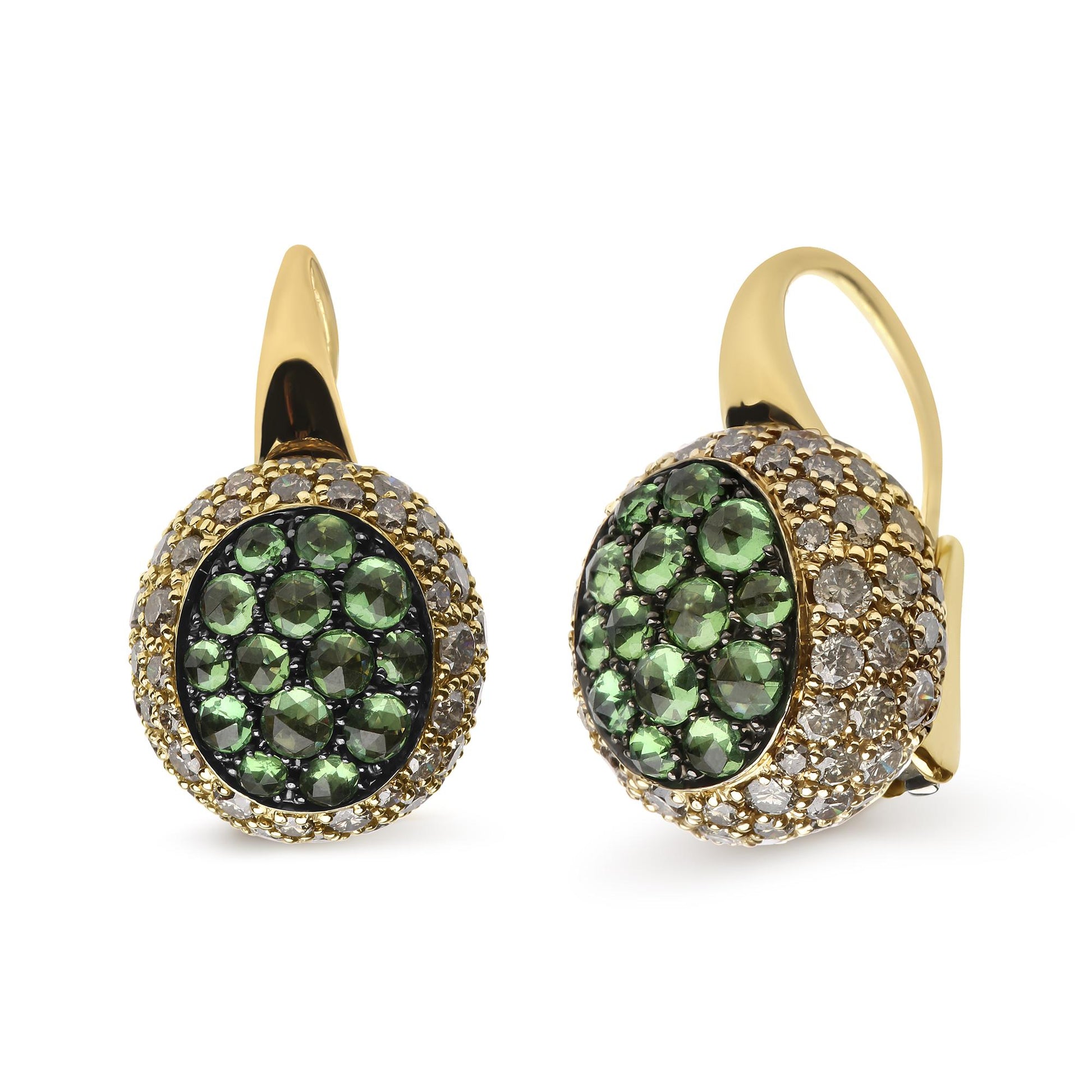 Pair of yellow and black earrings with round green gemstones in the center surrounded by small round brown gemstones, shown in a close-up front and side angle.