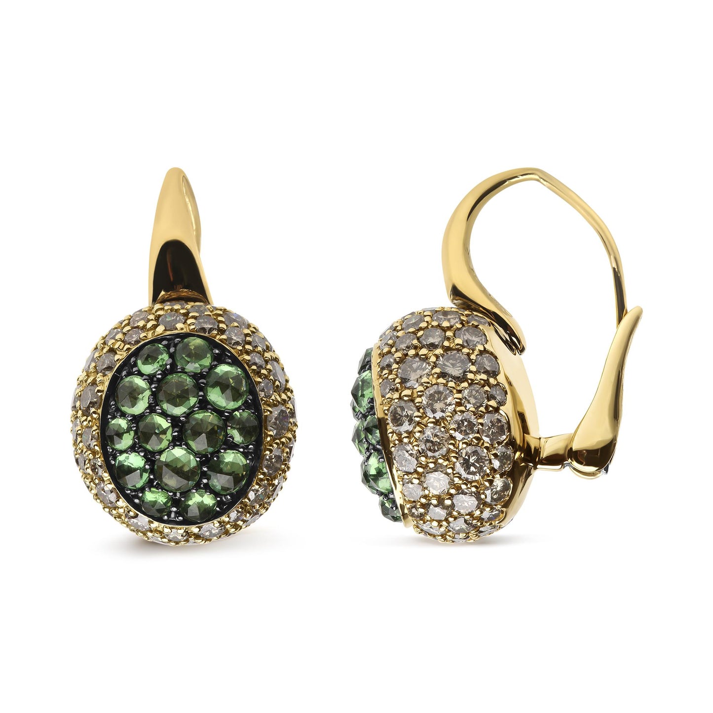 Front and side view of yellow and black metal earrings with round green gemstones in the center, surrounded by round brown gemstones in a pave setting.