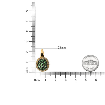 Single yellow and black earring with round green and brown gemstones, shown front-facing on a ruler for size reference.