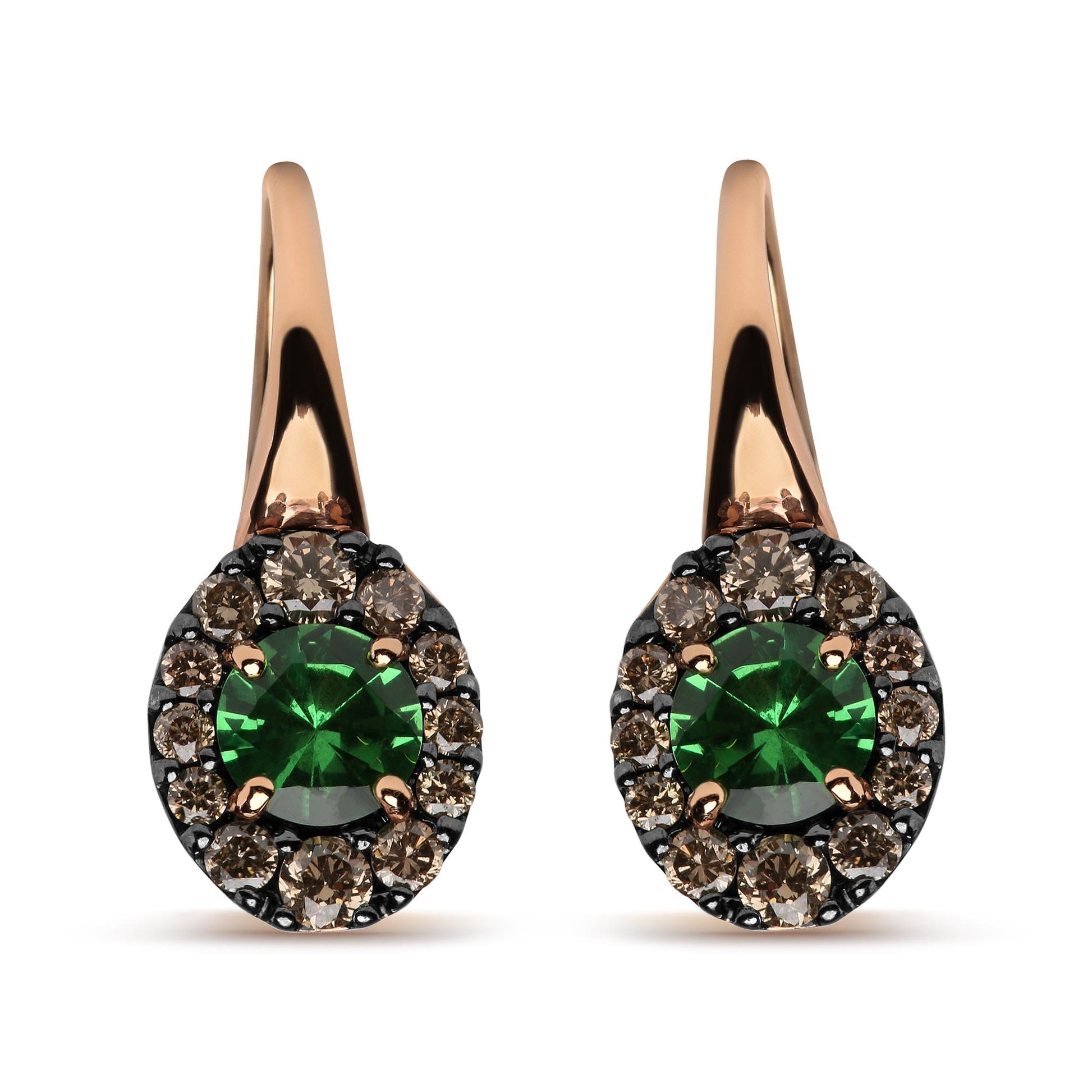 Front-facing close-up of a pair of earrings with white and rose metal, each featuring a round green gemstone in the center surrounded by multiple round brown gemstones in prong settings.