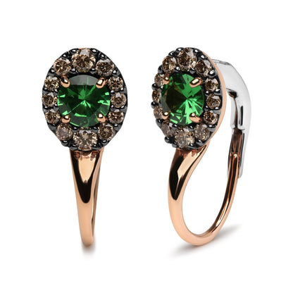 Close-up front and side view of white and rose metal earrings with round green gemstones surrounded by round brown gemstones in prong settings.