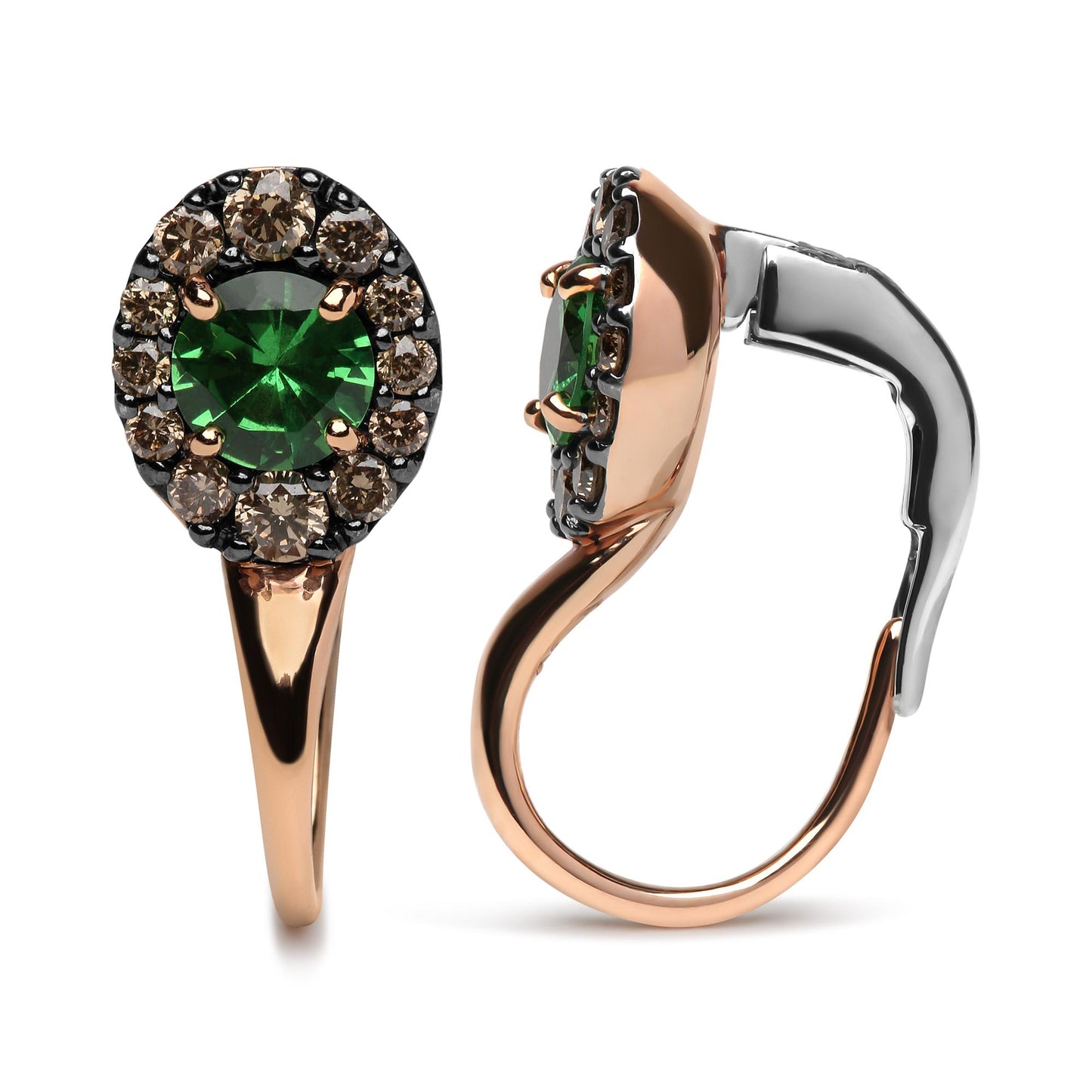 Pair of earrings shown from front and side angles, featuring a central round green gemstone surrounded by multiple round brown gemstones in prong settings, with a combination of white and rose metal colors.