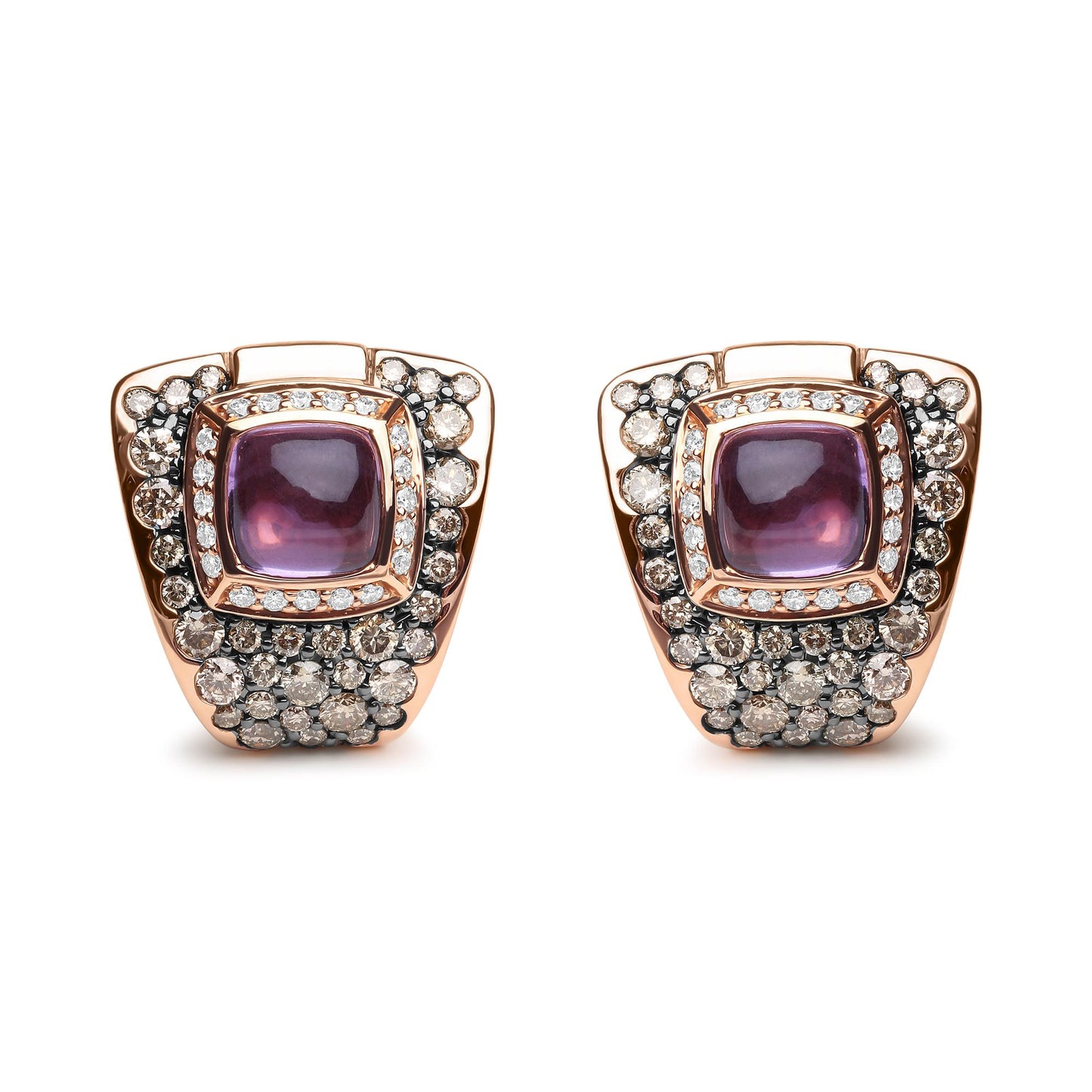 Front-facing view of a pair of rose-colored earrings featuring a central purple cushion-shaped gemstone in a bezel setting, surrounded by white gemstones in a channel setting and brown gemstones in a pave setting.