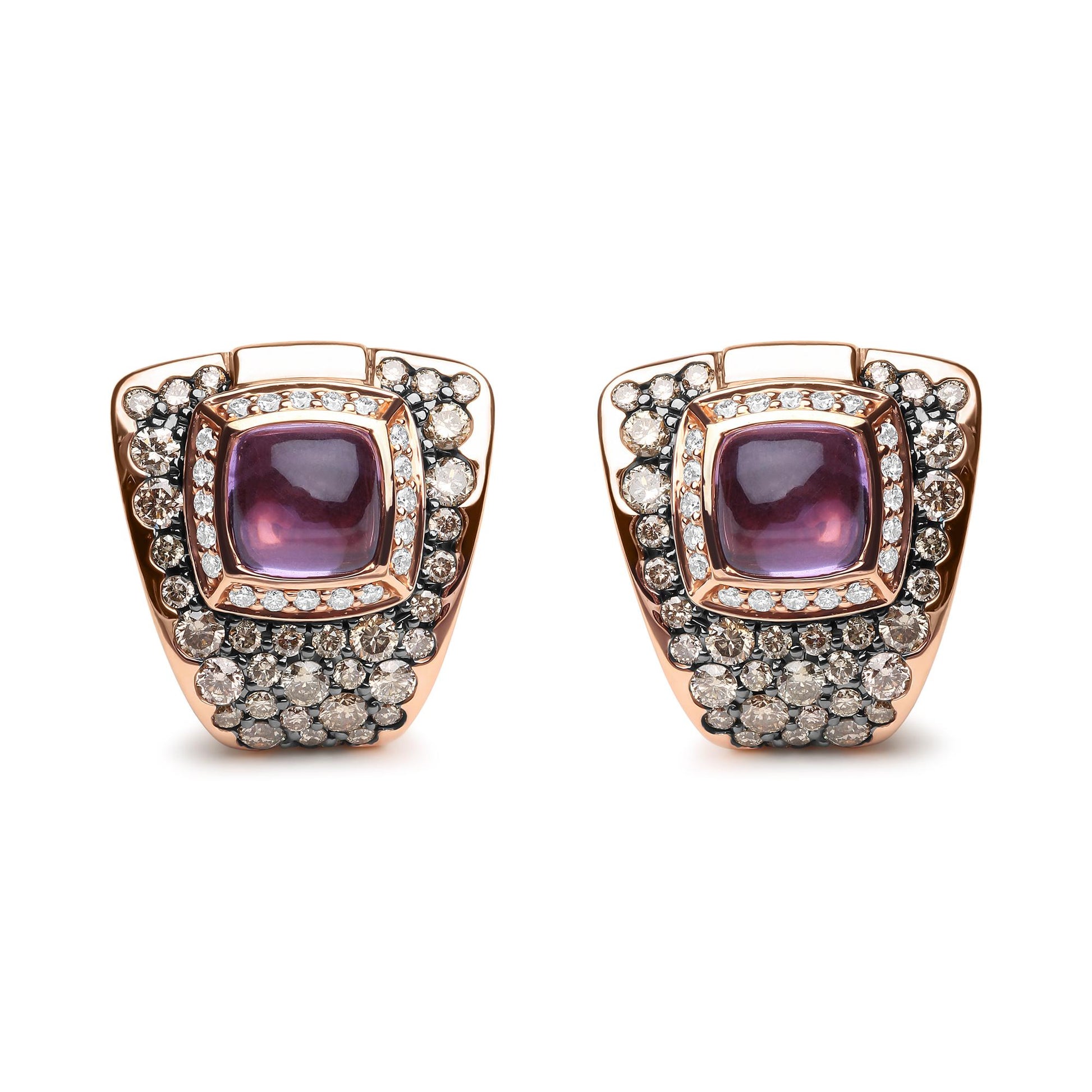Front-facing view of a pair of rose-colored earrings featuring a central purple cushion-shaped gemstone in a bezel setting, surrounded by white gemstones in a channel setting and brown gemstones in a pave setting.