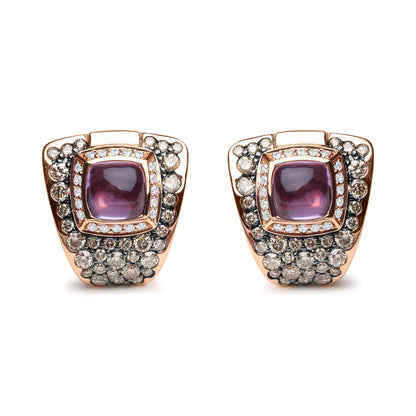 Front-facing view of a pair of rose-colored earrings featuring a central purple cushion-shaped gemstone in a bezel setting, surrounded by white gemstones in a channel setting and brown gemstones in a pave setting.