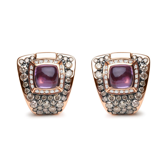 Front-facing view of a pair of rose-colored earrings featuring a central purple cushion-shaped gemstone in a bezel setting, surrounded by white gemstones in a channel setting and brown gemstones in a pave setting.