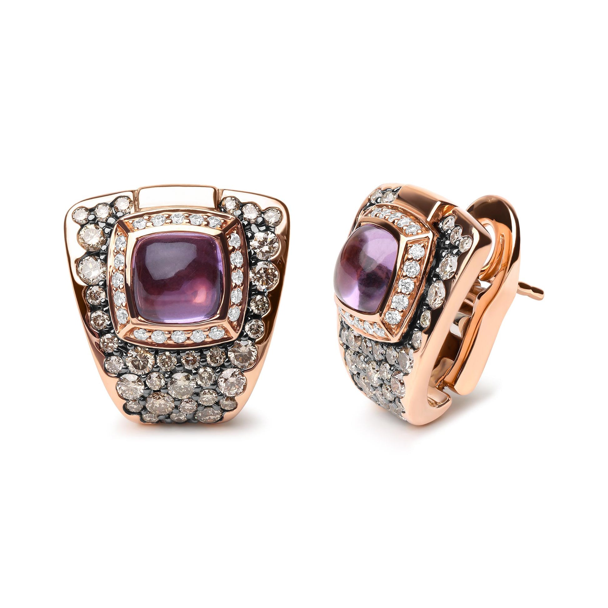 Pair of rose metal earrings with cushion-shaped purple gemstones in bezel settings, surrounded by round white and brown gemstones in pave and channel settings, shown at a front and angled side view.