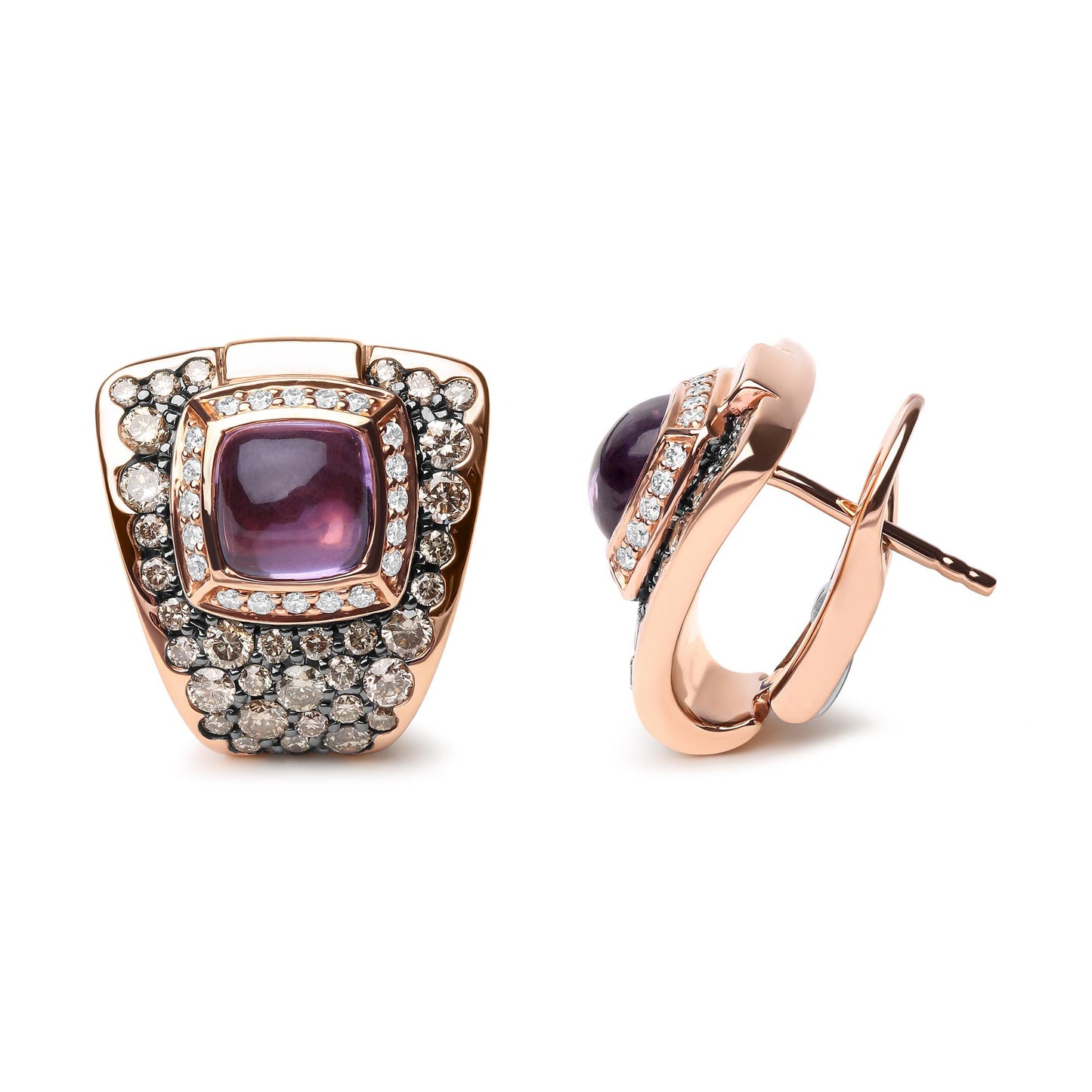 Rose metal earrings shown from front and side angles featuring cushion-shaped purple gemstones in bezel settings at the center, surrounded by round white and brown gemstones in pave and channel settings.