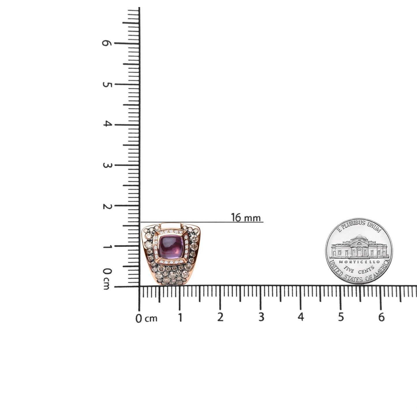Close-up front view of a rose metal earring with a central purple cushion-shaped gemstone in bezel setting, surrounded by multiple brown round pave-set gemstones and white round channel-set gemstones, placed on a ruler for size reference.