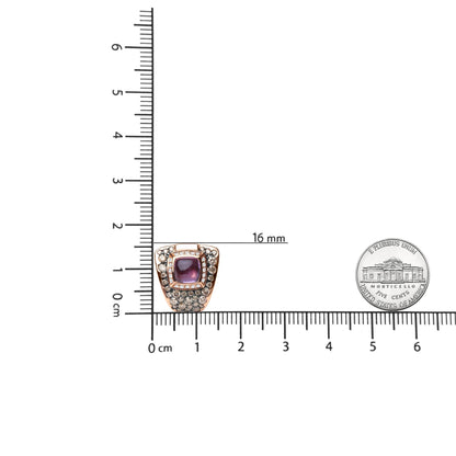 Close-up front view of a rose metal earring with a central purple cushion-shaped gemstone in bezel setting, surrounded by multiple brown round pave-set gemstones and white round channel-set gemstones, placed on a ruler for size reference.
