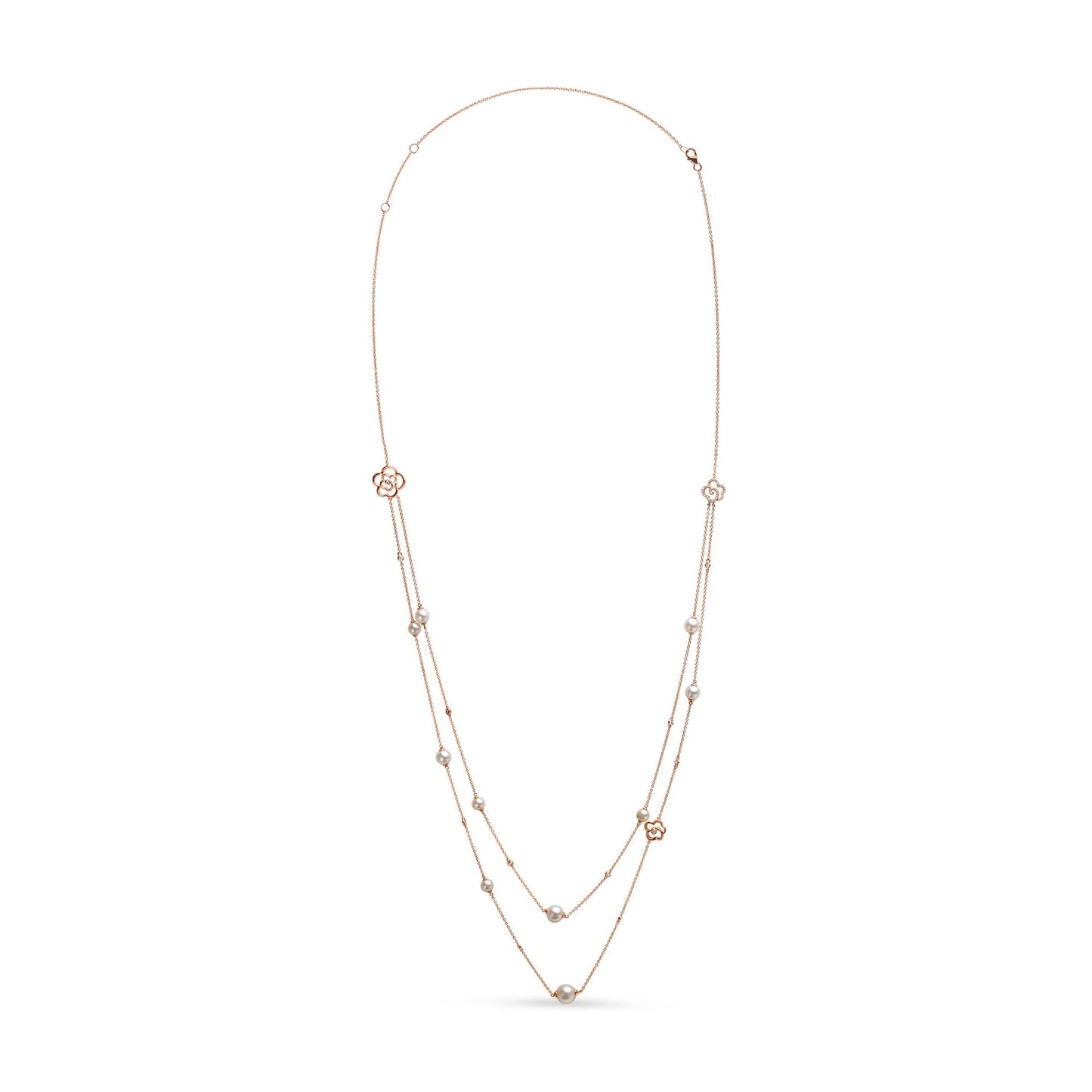 Front view of a long rose metal necklace with two strands, decorated with white round bezel-set gemstones and floral-shaped accents.