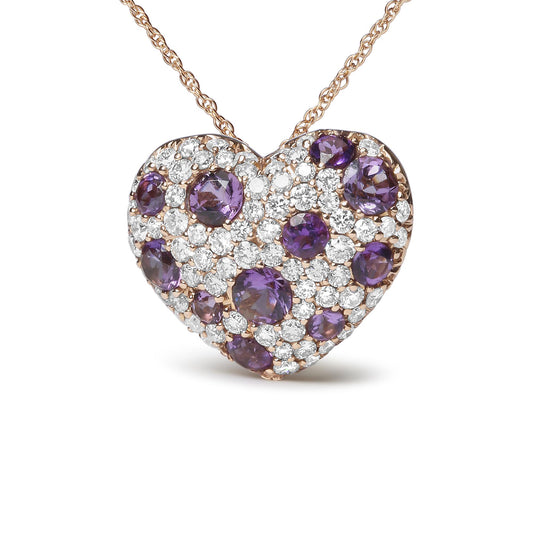 Front-facing shot of a heart-shaped rose metal necklace pendant adorned with round purple gemstones and white gemstones in prong settings, connected to a delicate rose-colored chain.