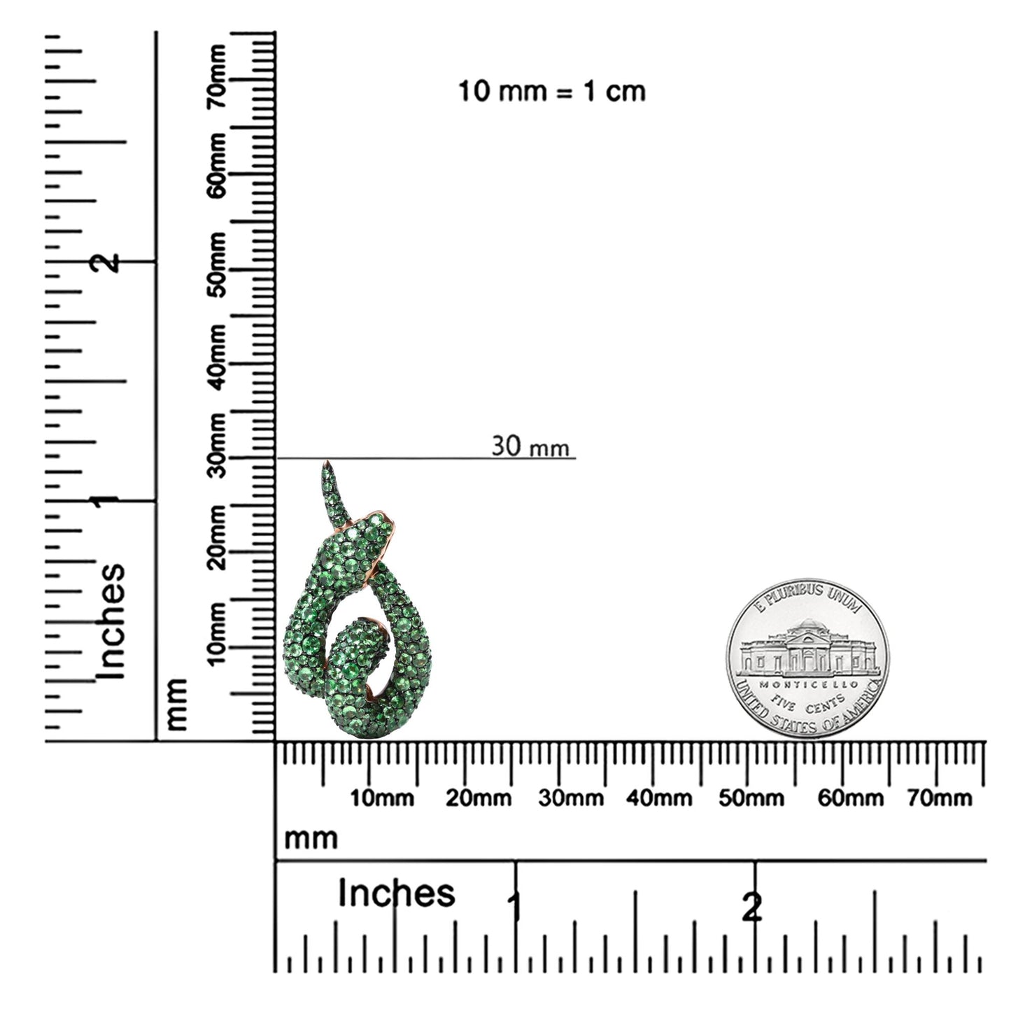 Rose metal necklace pendant with green round gemstones in pave setting, photographed on a ruler and scale for size reference at a slight front angle.