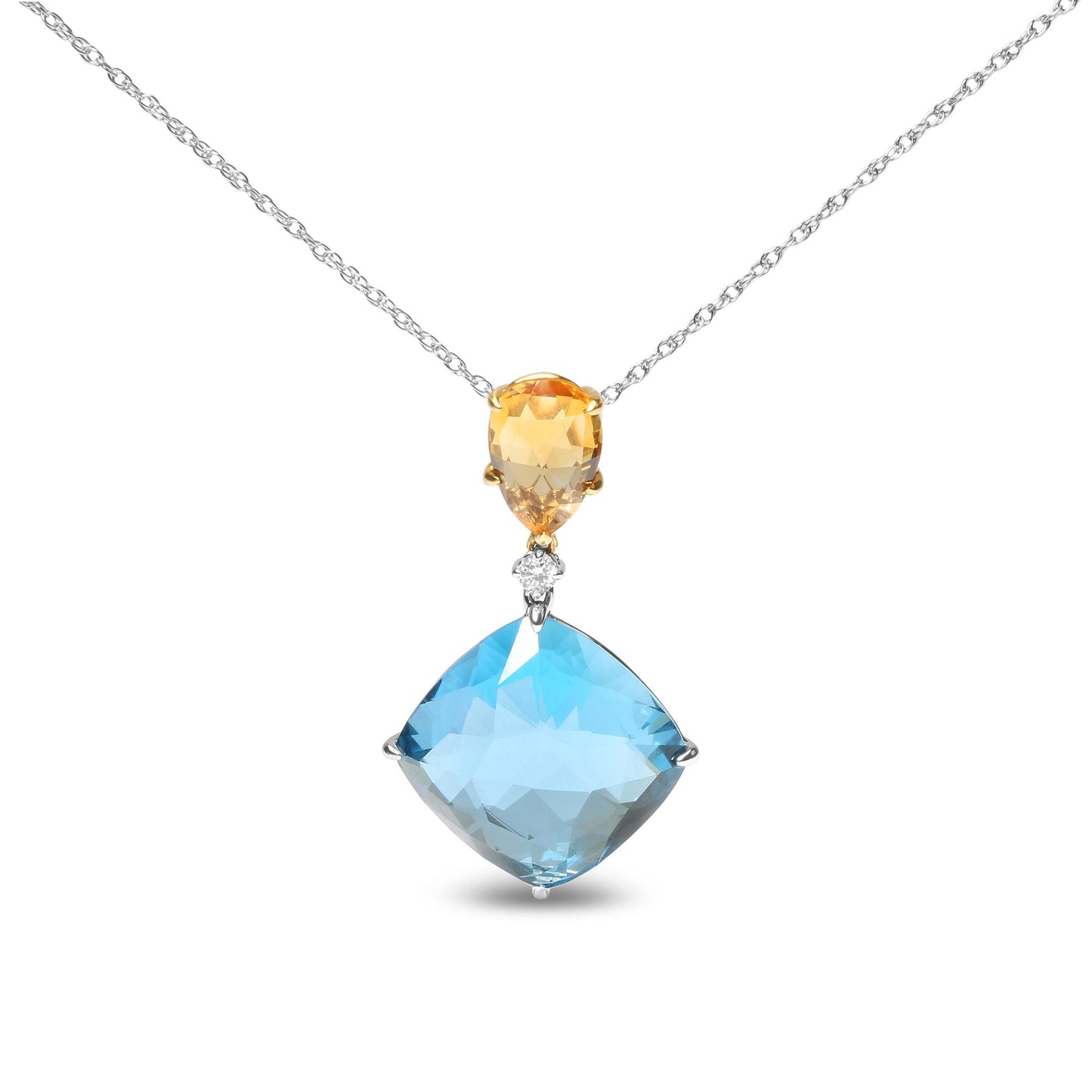 Front view of a necklace with a yellow pear-shaped gemstone pendant above a larger blue cushion-shaped gemstone, separated by a small round white gemstone, with a two-tone chain.